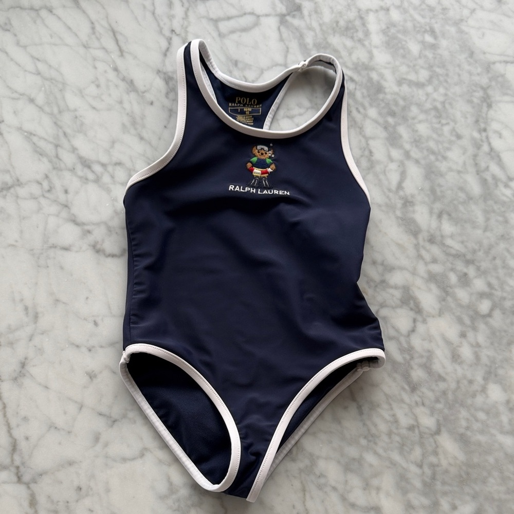 Toddler Girls Ralph Lauren Navy One-Piece Swimsuit with Polo Bear